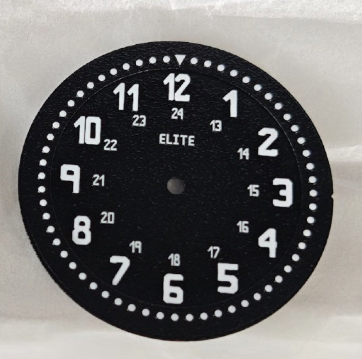 The first production REDTIM ELITE dial — 12/24-hour numerals, full minute track and textured matte black finish
